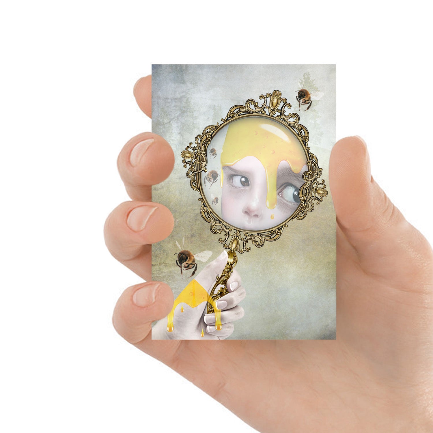 Whimsical ACEO artwork features a girl's reflection honey-covered in a hand mirror, surrounded by dancing honey bees