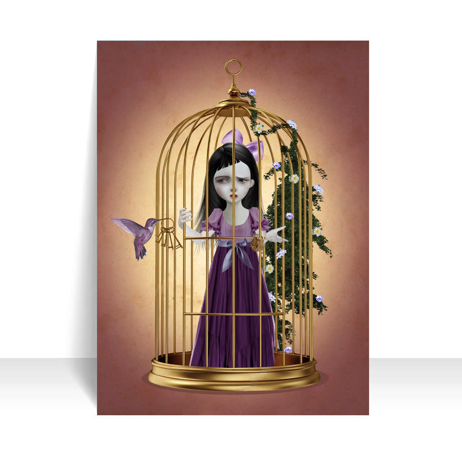 Surreal fantasy ACEO features a girl trapped in an ornate birdcage. A majestic hummingbird offers her freedom with a single key,