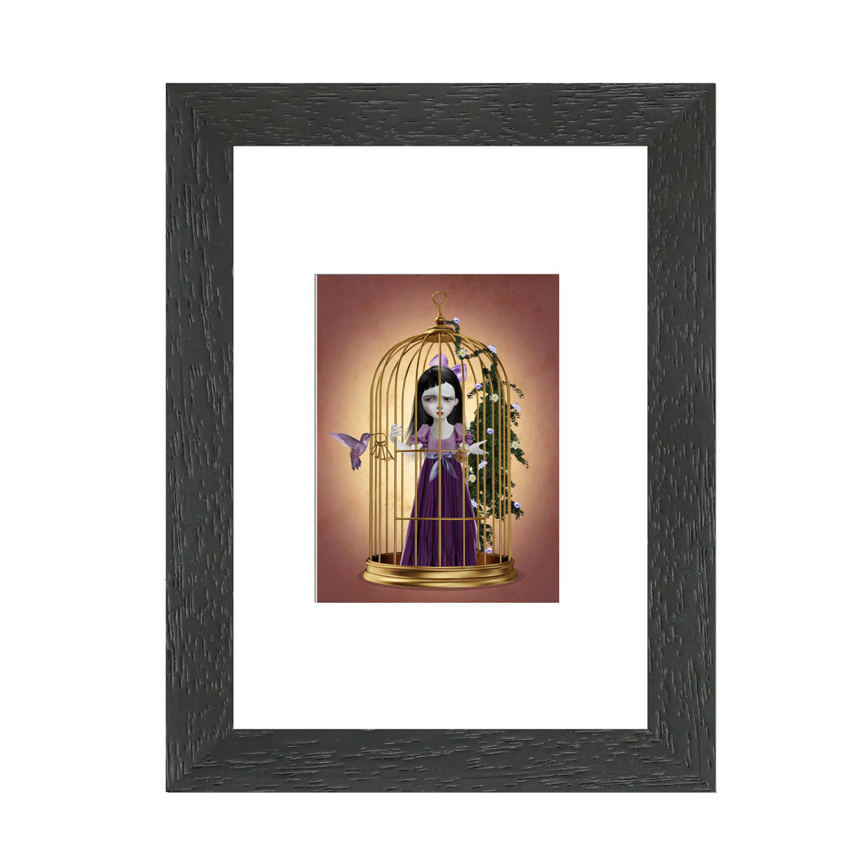 Framed ACEO features a girl trapped in an ornate birdcage. A majestic hummingbird offers her freedom with a single key,