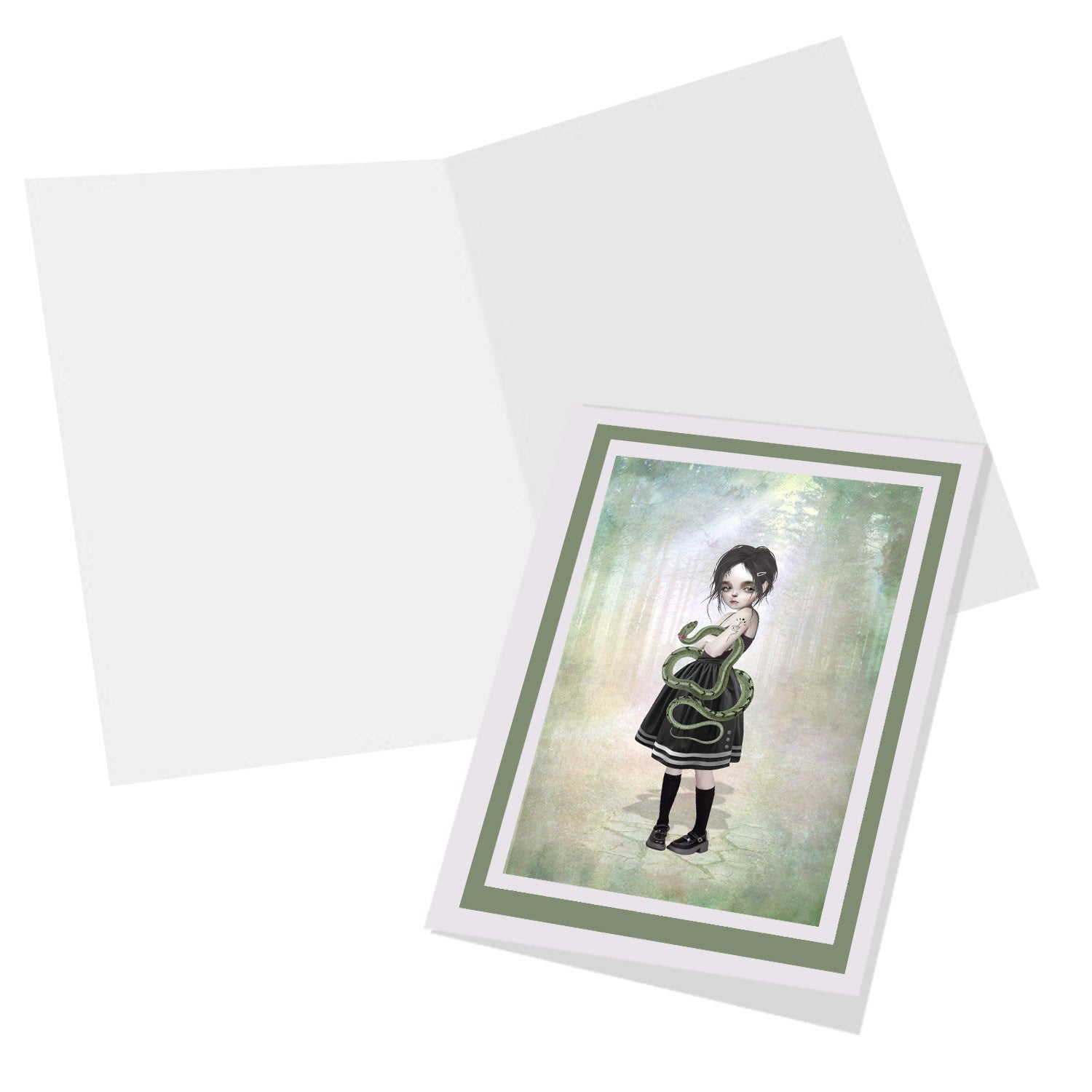 Inside view of the Girl with pet snake greeting card, blank for your own personal message.
