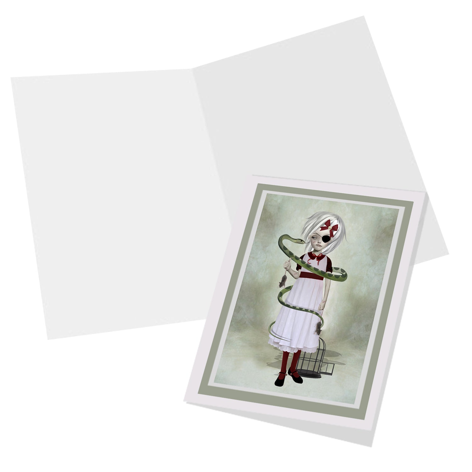 Inside view of the Girl and snake coiled around her greeting card, blank for your own personal message