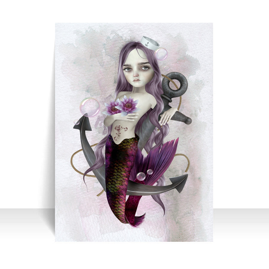 Inside view of the mermaid and anchor greeting card, blank for your own personal message.
