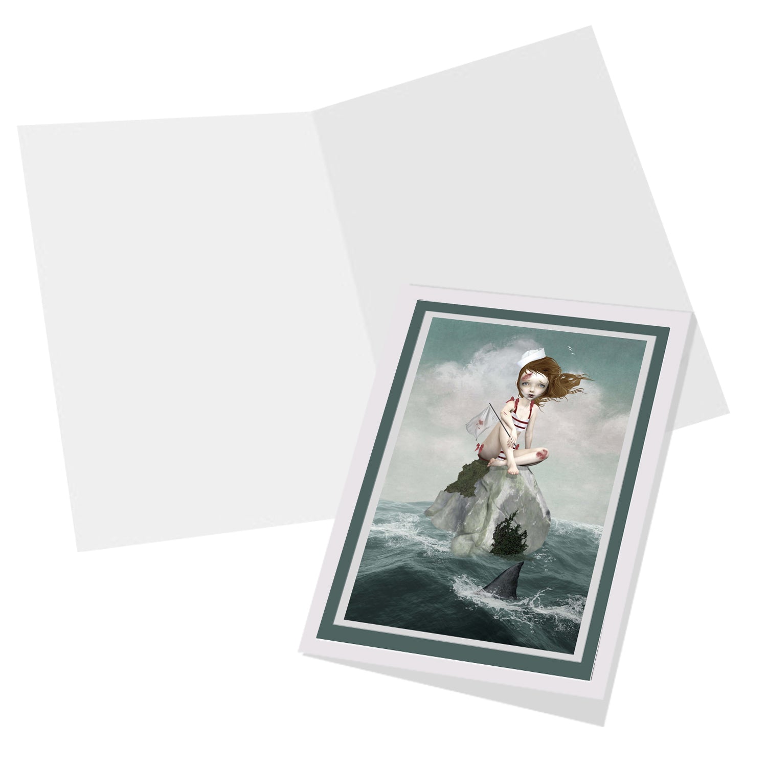Inside view of the Girl in shark infested waters greeting card, blank for your own personal message.
