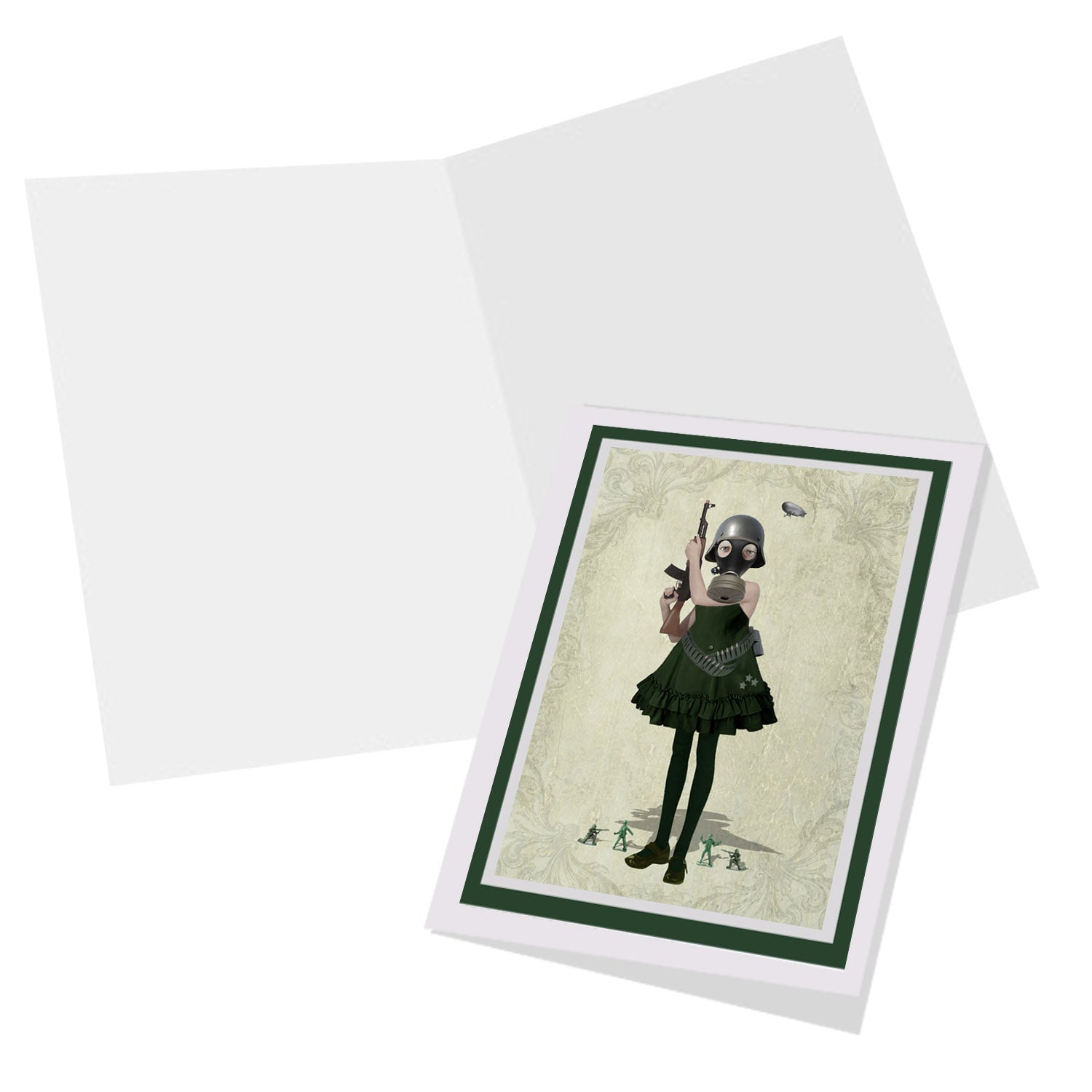 Inside view of the soldier girl and rifle greeting card, blank for your own personal message.