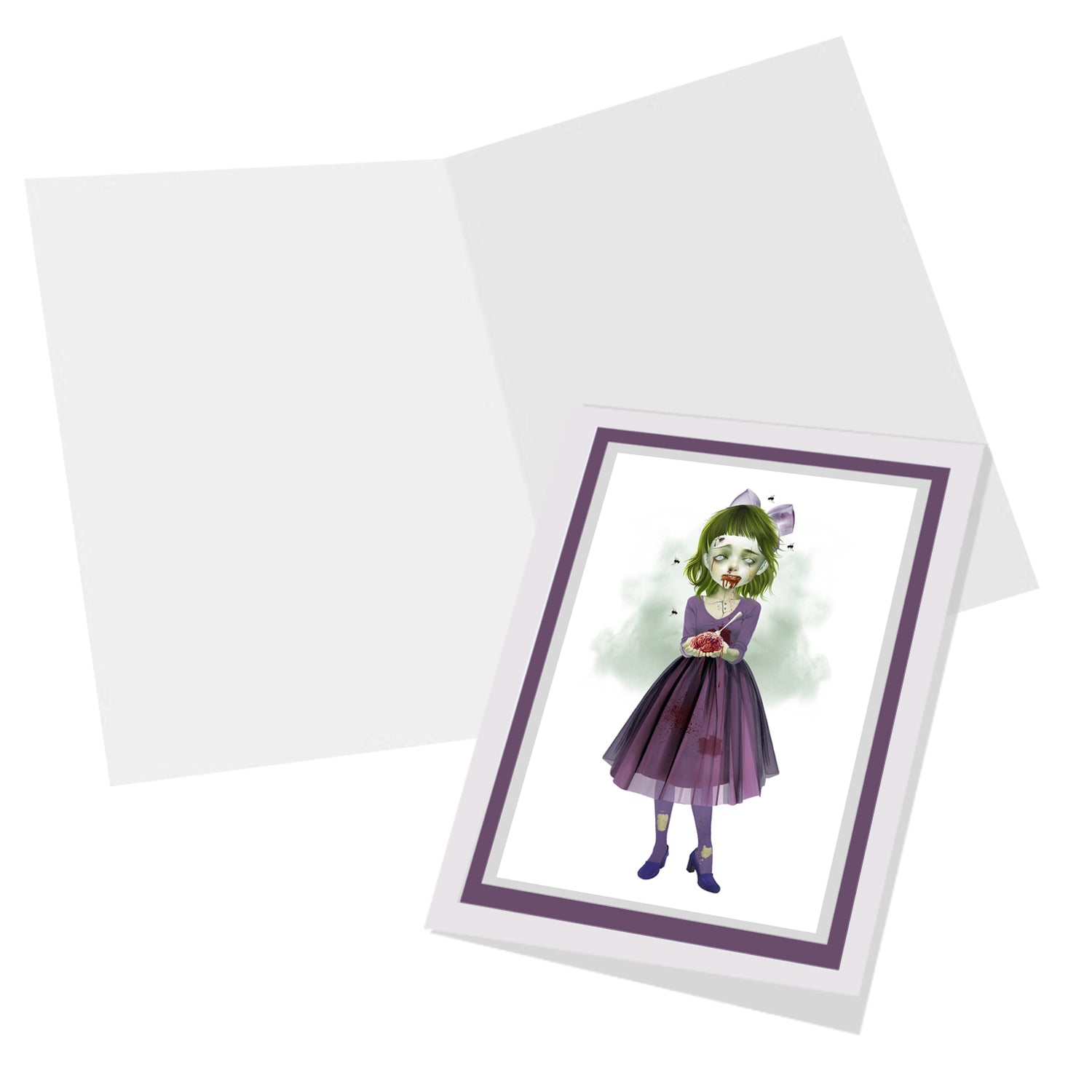 Inside view of the Zombie girl with a human brain greeting card, blank for your own personal message.

