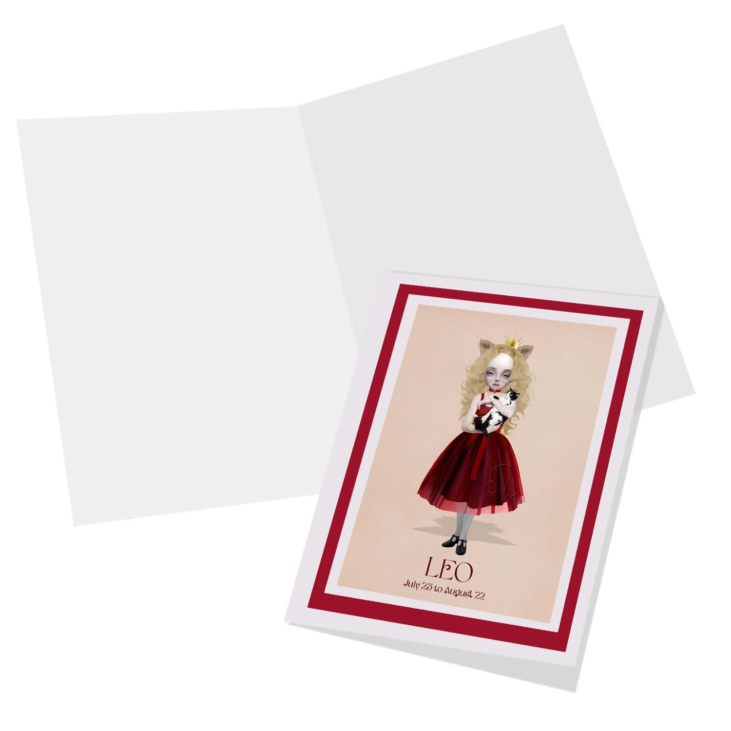 Inside view of Leo Girl star sign greeting card, blank for your own personal message.