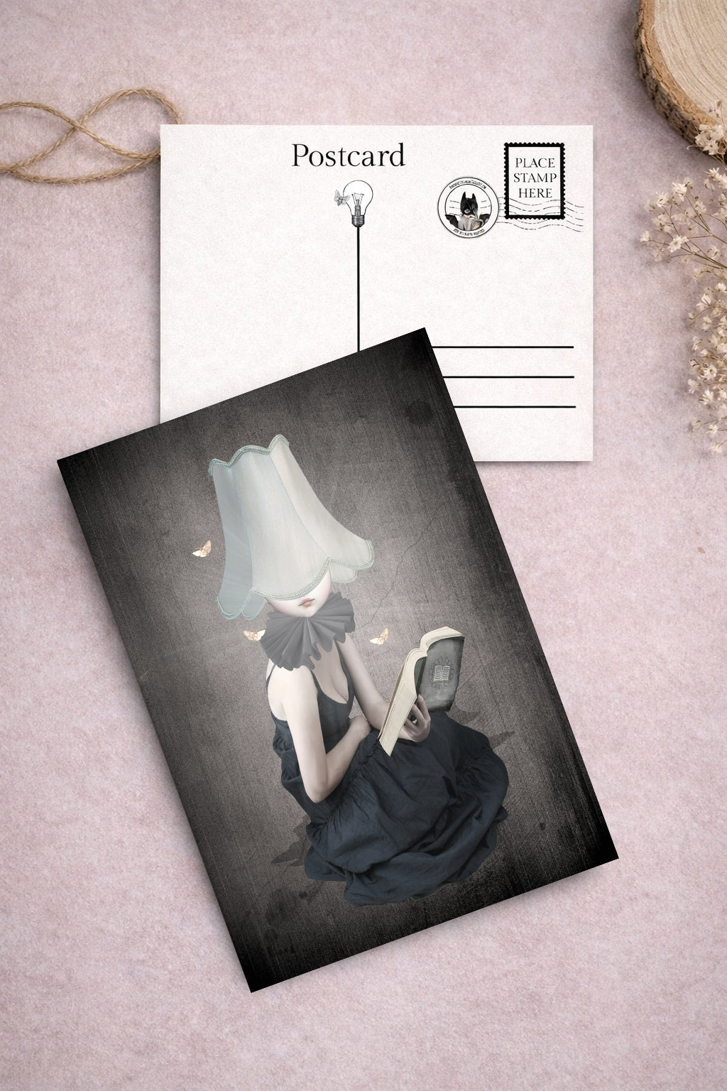 Lamp shade girl and moths art postcard from Moth girl postcard set