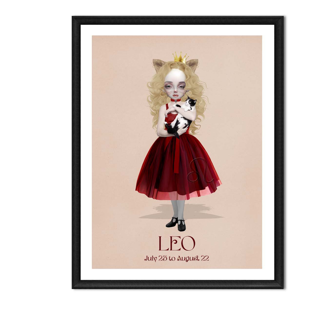 Leo girl astrology art print in a sleek frame, set against a white background.