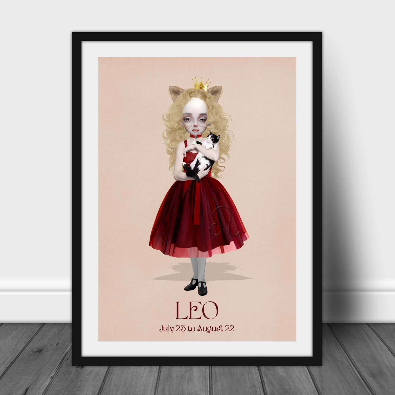 Star sign art print of a female character representing Leo, leaning against a wall, creating a whimsical atmosphere with horoscope elements.