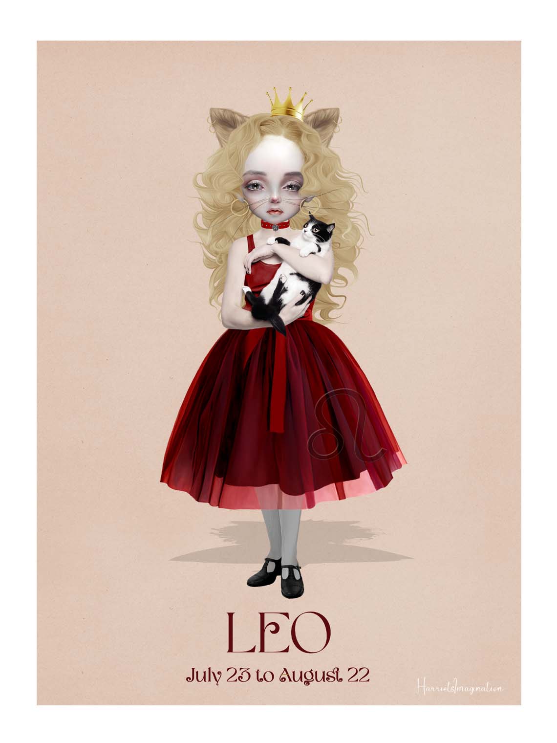 Star sign art print featuring a female character representing Leo, displayed without a frame.