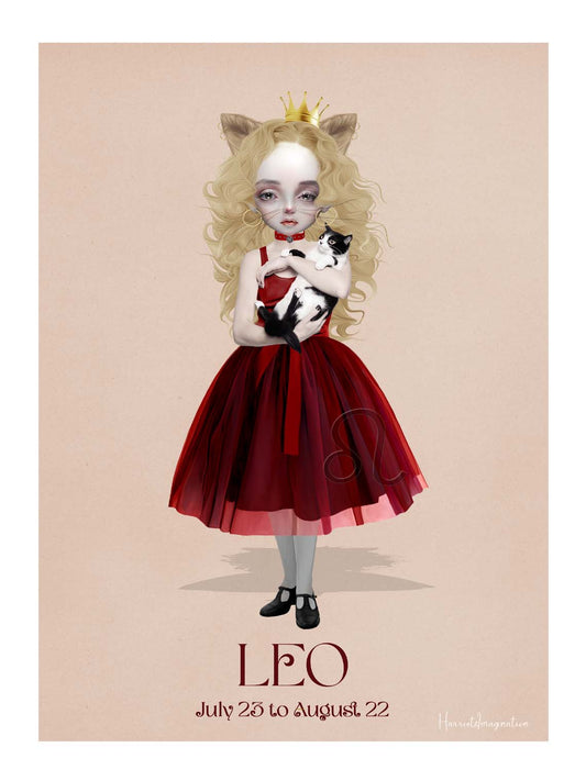 Star sign art print featuring a female character representing Leo, displayed without a frame.