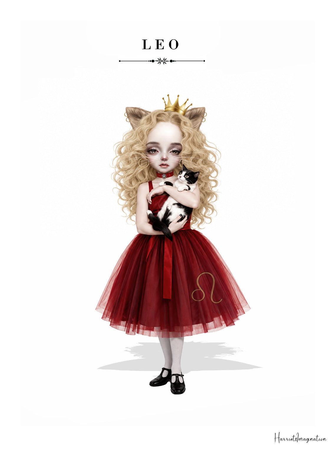 Leo  illustration of a blonde maiden with lion ears and a gold crown, wearing a red dress and holding a cat.