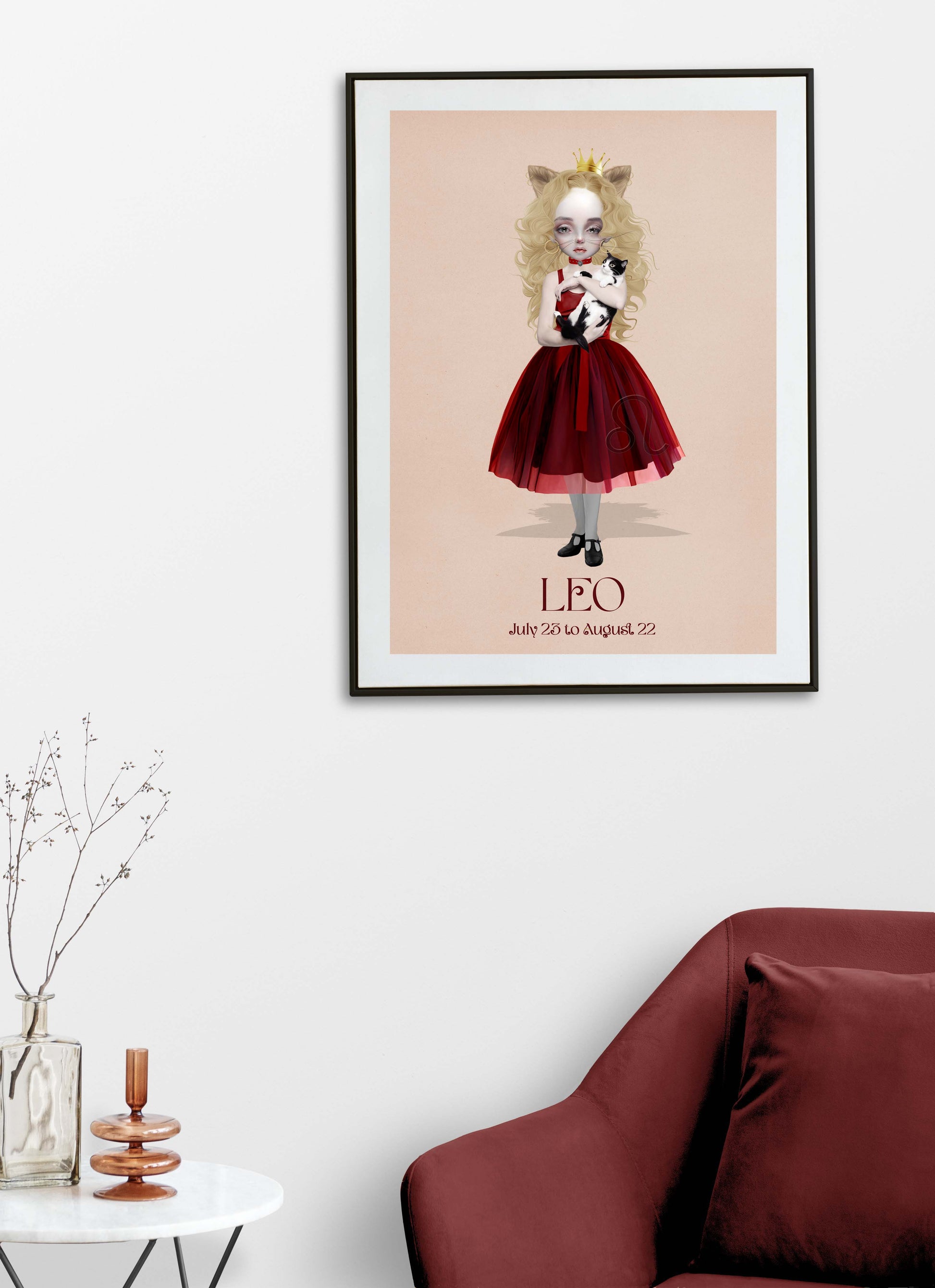 Libra girl art print hanging on the wall of a modern living room. Perfect for adding a star sign touch to your home decor.