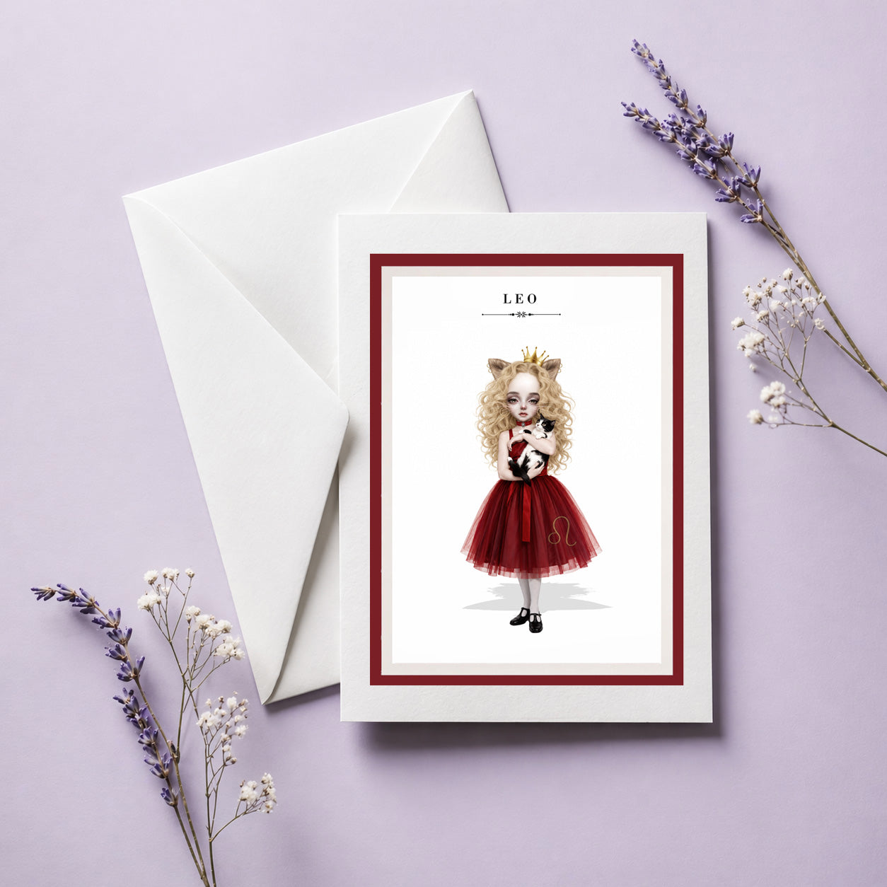 Leo zodiac birthday card with envelope featuring an illustration of a blonde maiden with lion ears and a gold crown, wearing a red dress and holding a cat.