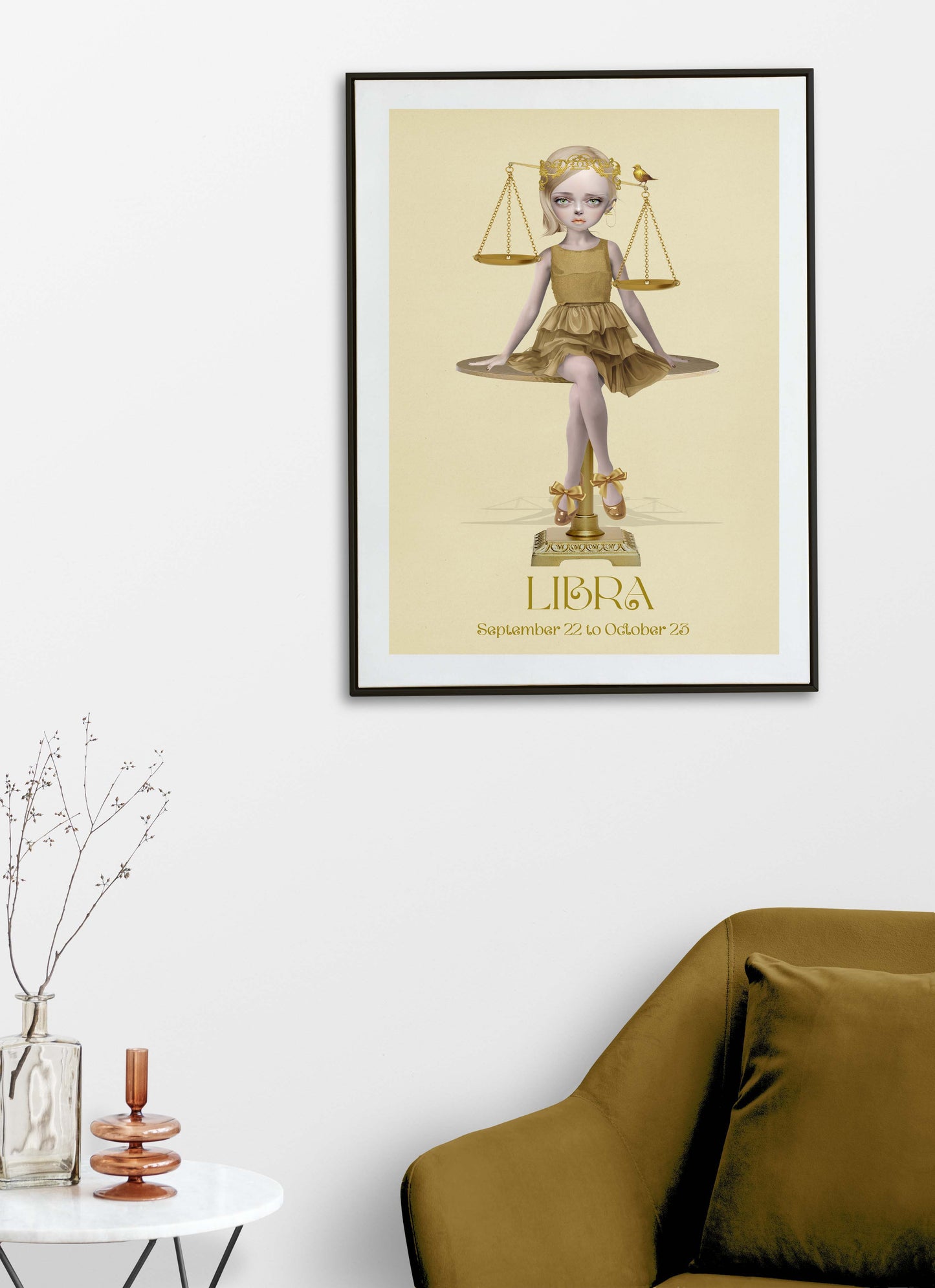 Libra girl art print hanging on the wall of a modern living room. Perfect for adding a celestial  touch to your home decor.