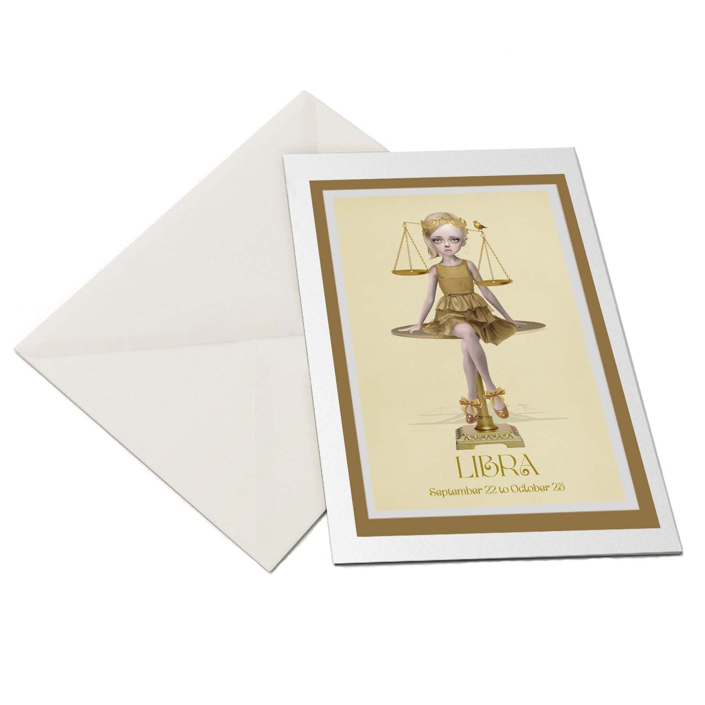 The flat-lay of the Libra star sign greeting card and matching envelope is ideal for any occasion.