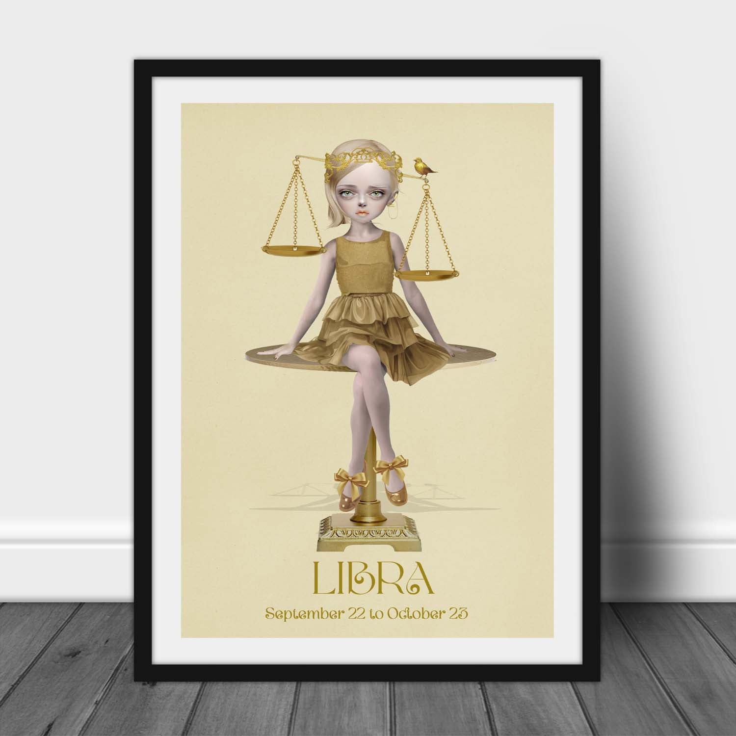 Star sign art print of a girl representing Libra, leaning against a wall, creating a astrolgical atmosphere with surreal elements