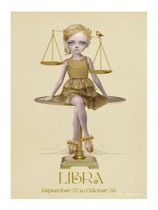 Star sign art print featuring a girl represening Libra, displayed without a frame.