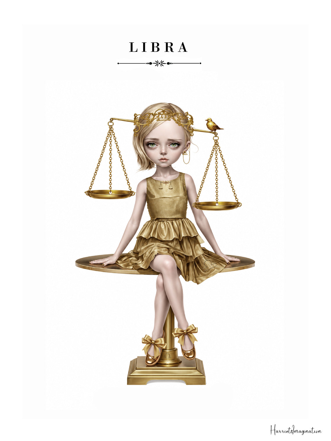 illustration of a blonde maiden in a metallic gold dress sitting atop a golden balance scale with a tiny bird.