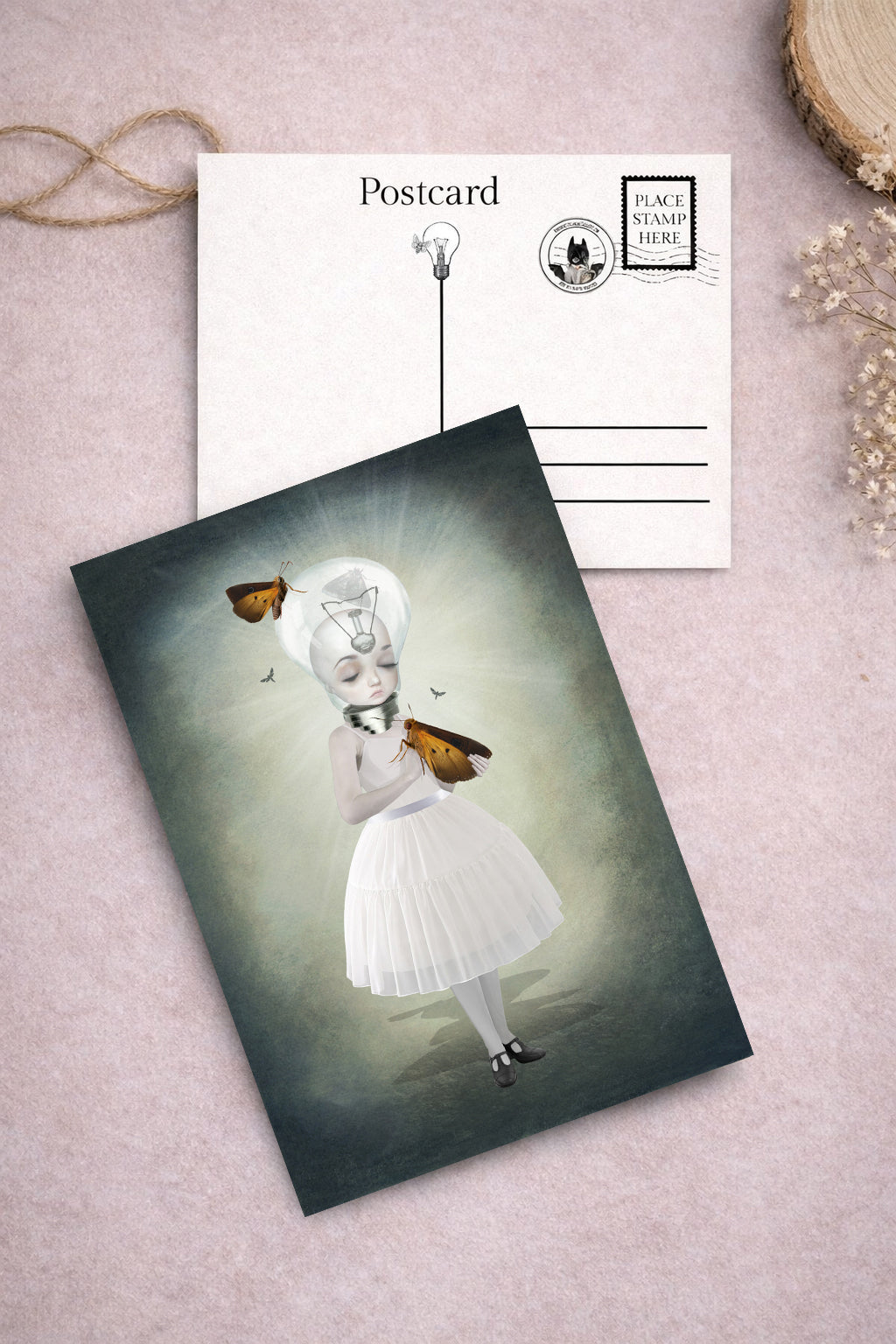 Lightbulb girl and giant moths art postcard from moth girl postcard set.