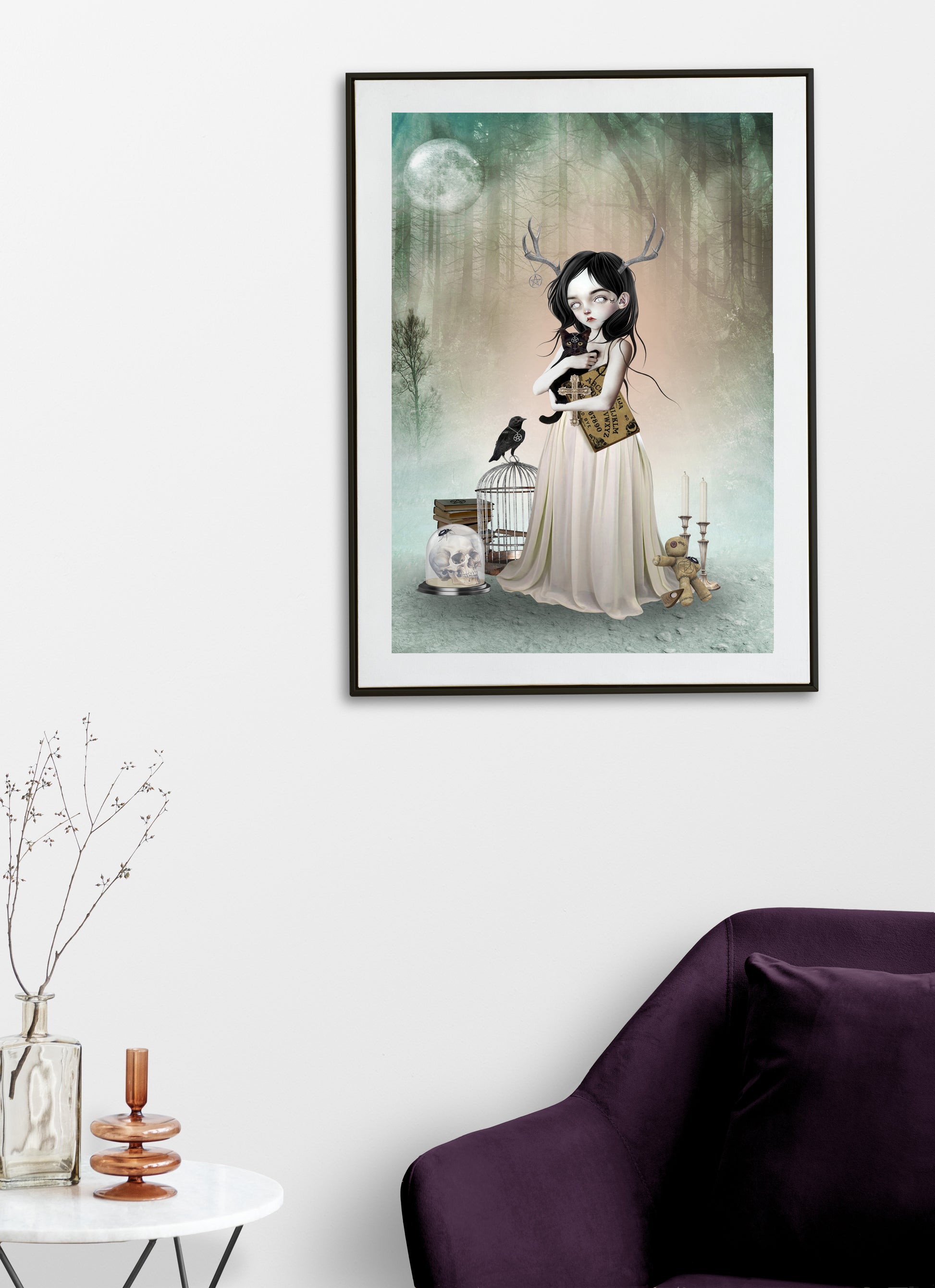 Framed Woodland Oracle Art Print hanging on a living room wall.