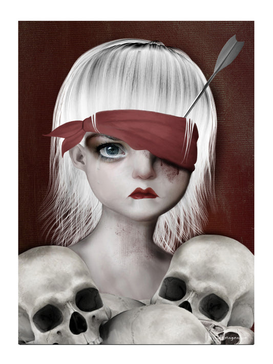 Macabre Art Print. Featuring a girl with an arrow in her eye surrounded by human skulls.