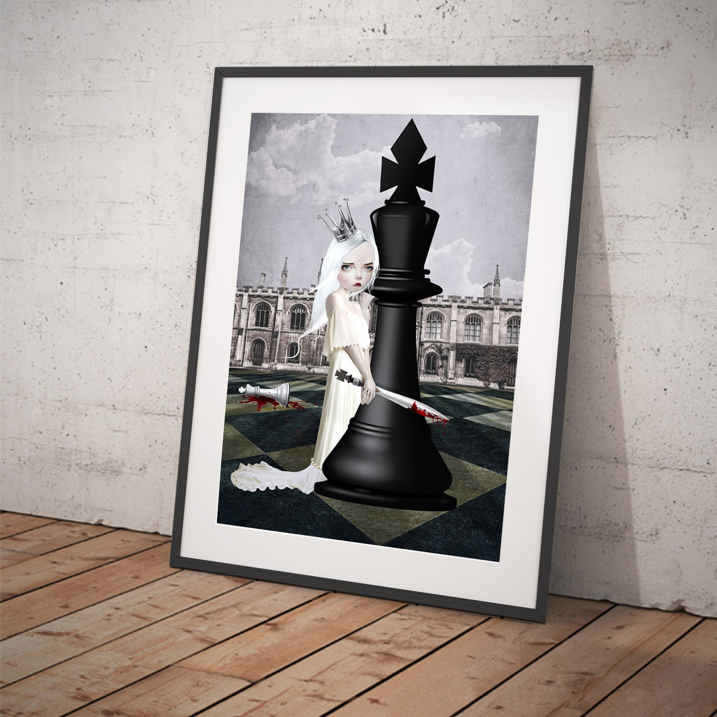 Dark Art Print. A powerful white queen, wielding a sword, betrays her kingdom and shows her loyalty to the black king chess piece.