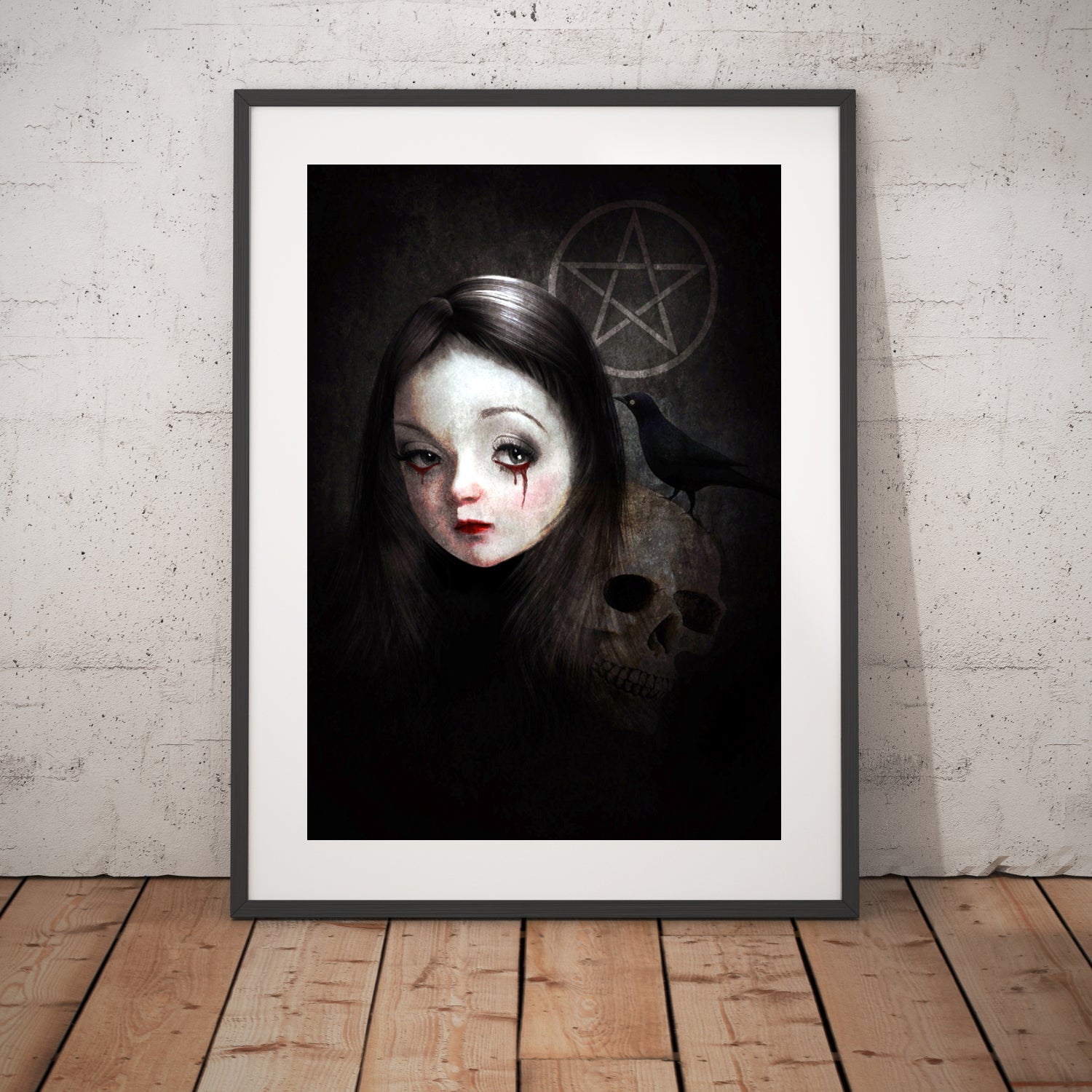 Creepy Art Print featuring a goth girl with bleeding eyes, accompanied by a skull and blackbird. With subtle hints of a pentagram in the background