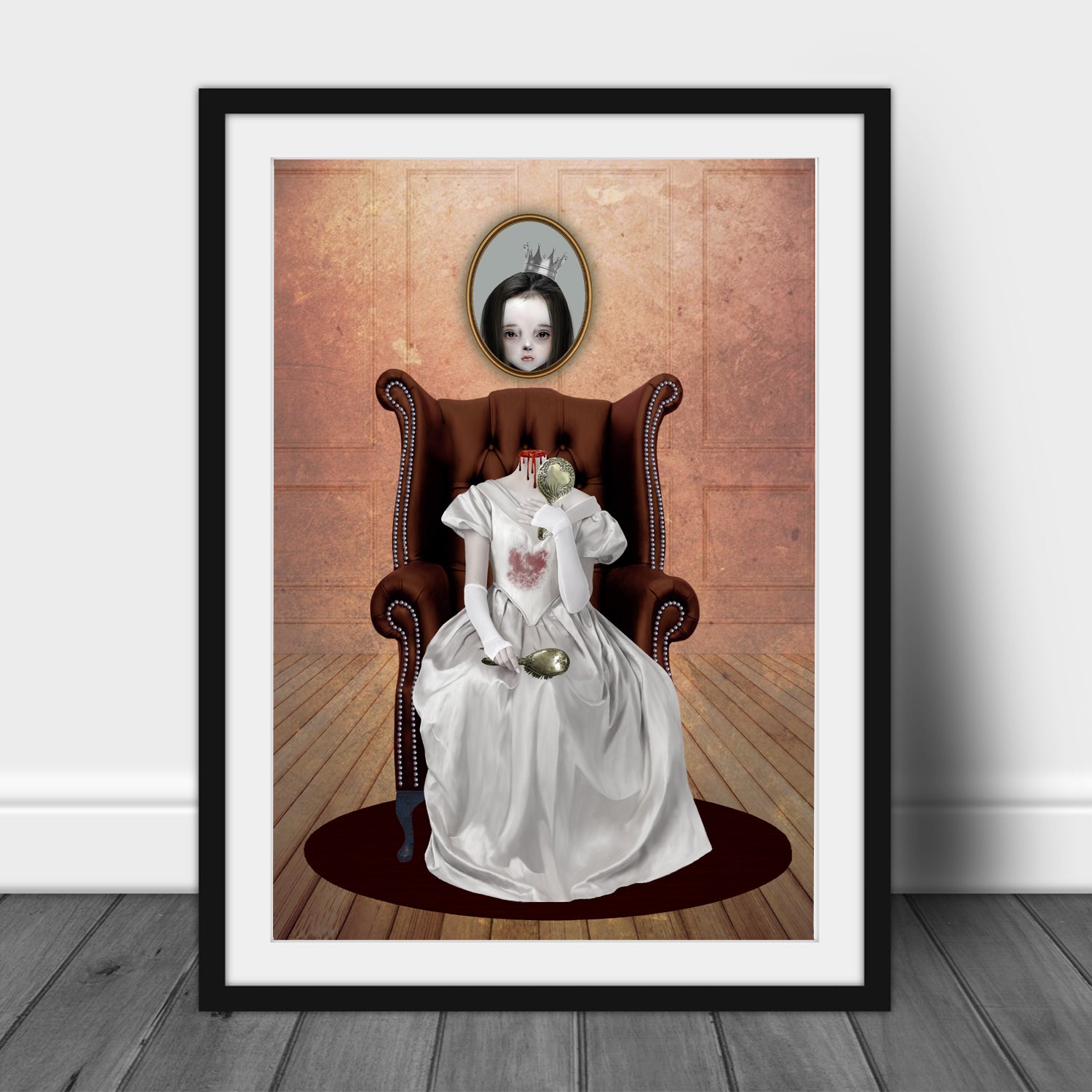  This haunting piece features a headless lady, gripping a hand mirror, while her portrait looms above