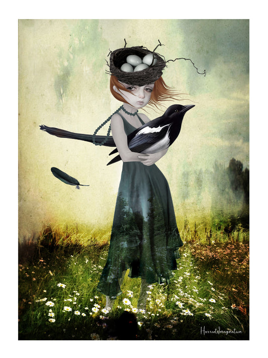 A girl holding an oversized magpie in a field of flowers.