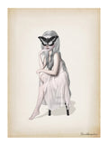 Surreal illustration of a girl with long white hair in a pale pink dress with a black butterfly covering her eyes on a vintage parchment background.
