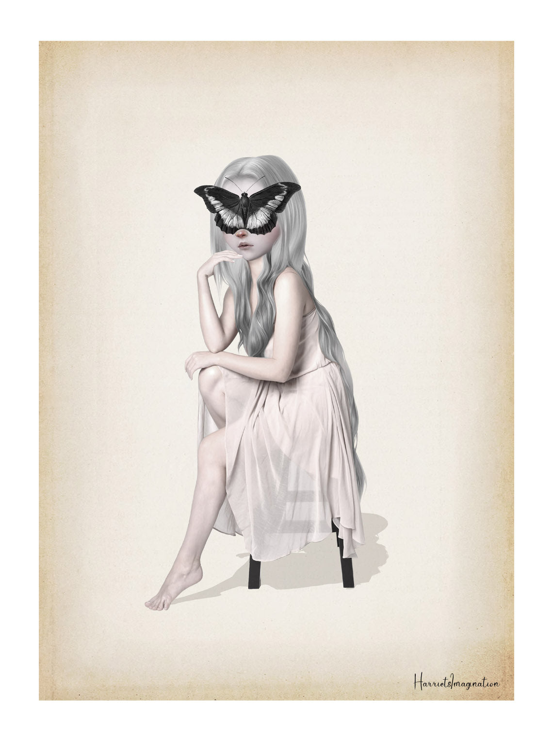 Surreal illustration of a girl with long white hair in a pale pink dress with a black butterfly covering her eyes on a vintage parchment background.