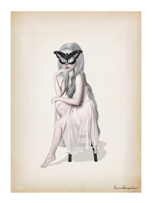 Surreal illustration of a girl with long white hair in a pale pink dress with a black butterfly covering her eyes on a vintage parchment background.