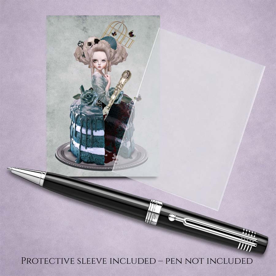 Marie Antoinette ACEO Art Card with cello sleeve and pen for display.