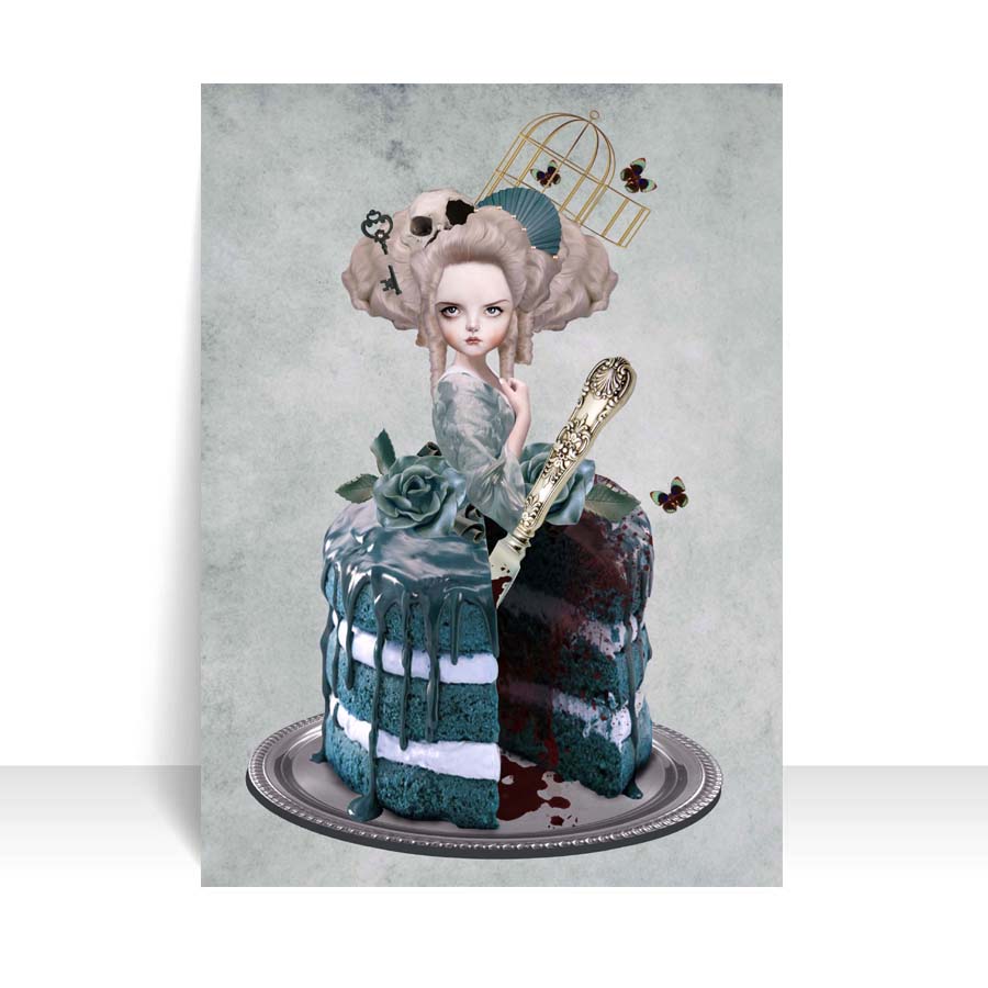 ACEO  Featuring the iconic Marie Antoinette, but with a quirky twist - her lower half is a cake with a bloody missing slice