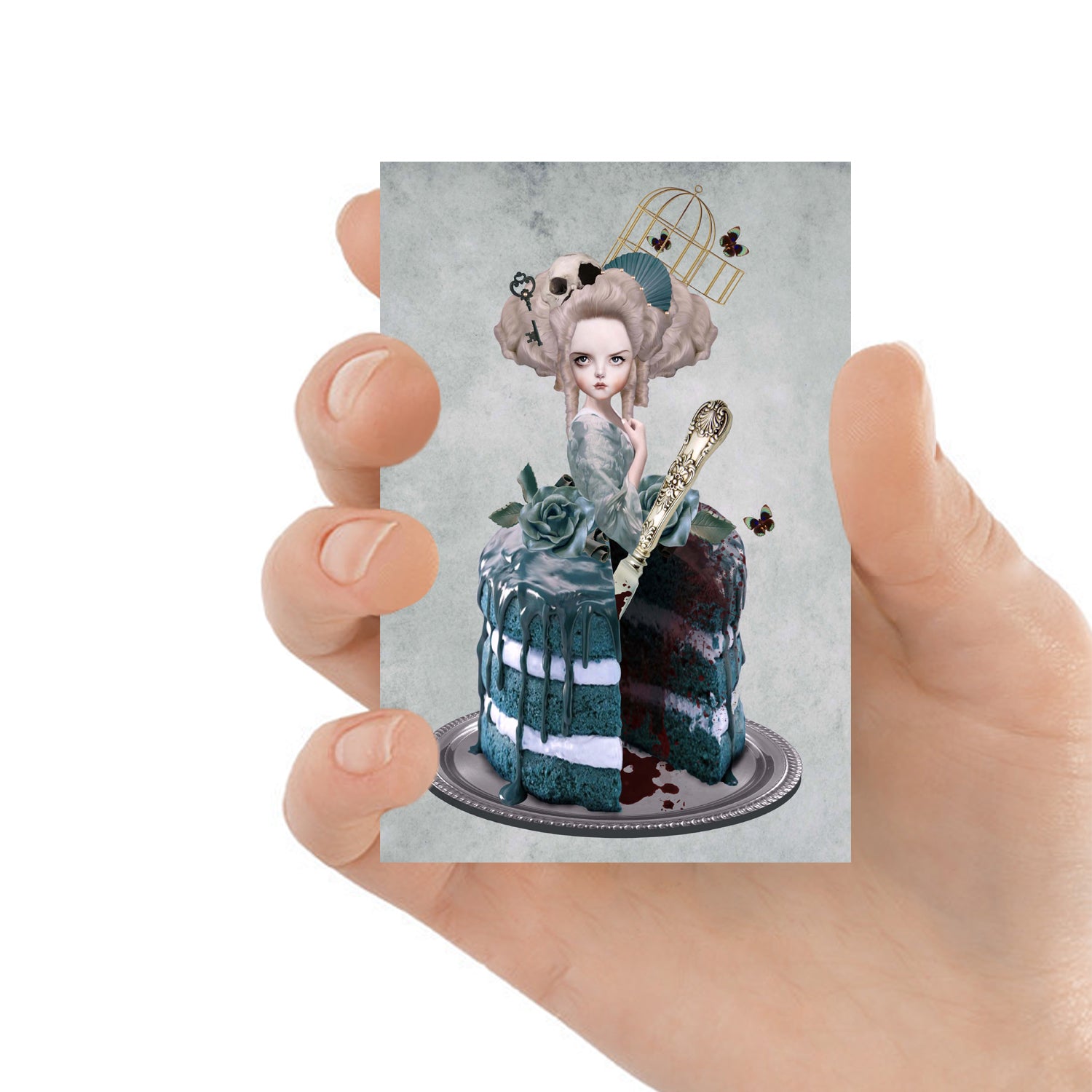 ACEO card. Featuring Marie Antoinette, but with a quirky twist - her lower half is a cake with a bloody missing slice