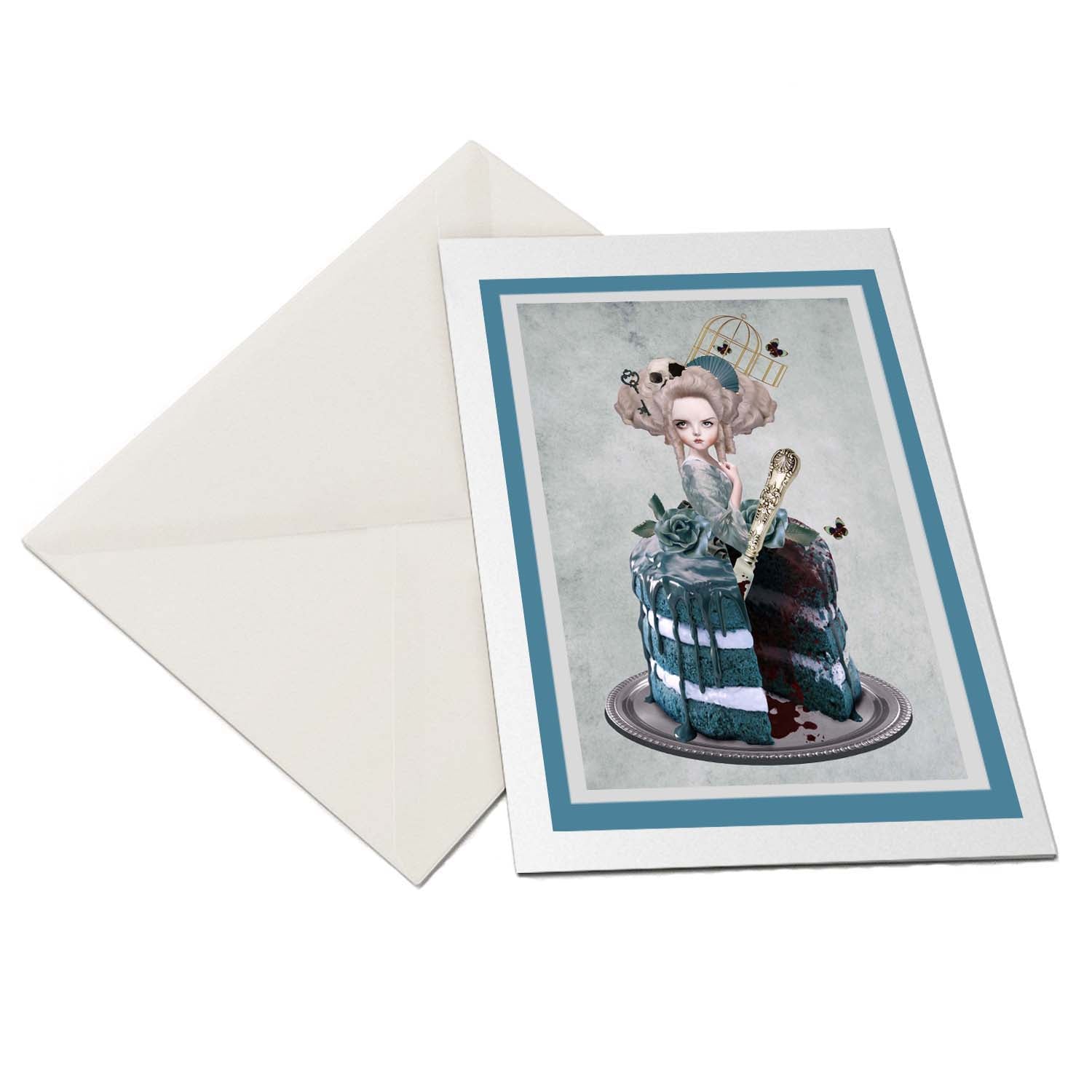 Pop surrealism art greeting card features a stunning artwork of Marie Antoinette portrayed as a decadent cake with a missing slice