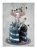Quirky depiction of a Marie Antoinette part cake and decorative elements on a textured background.