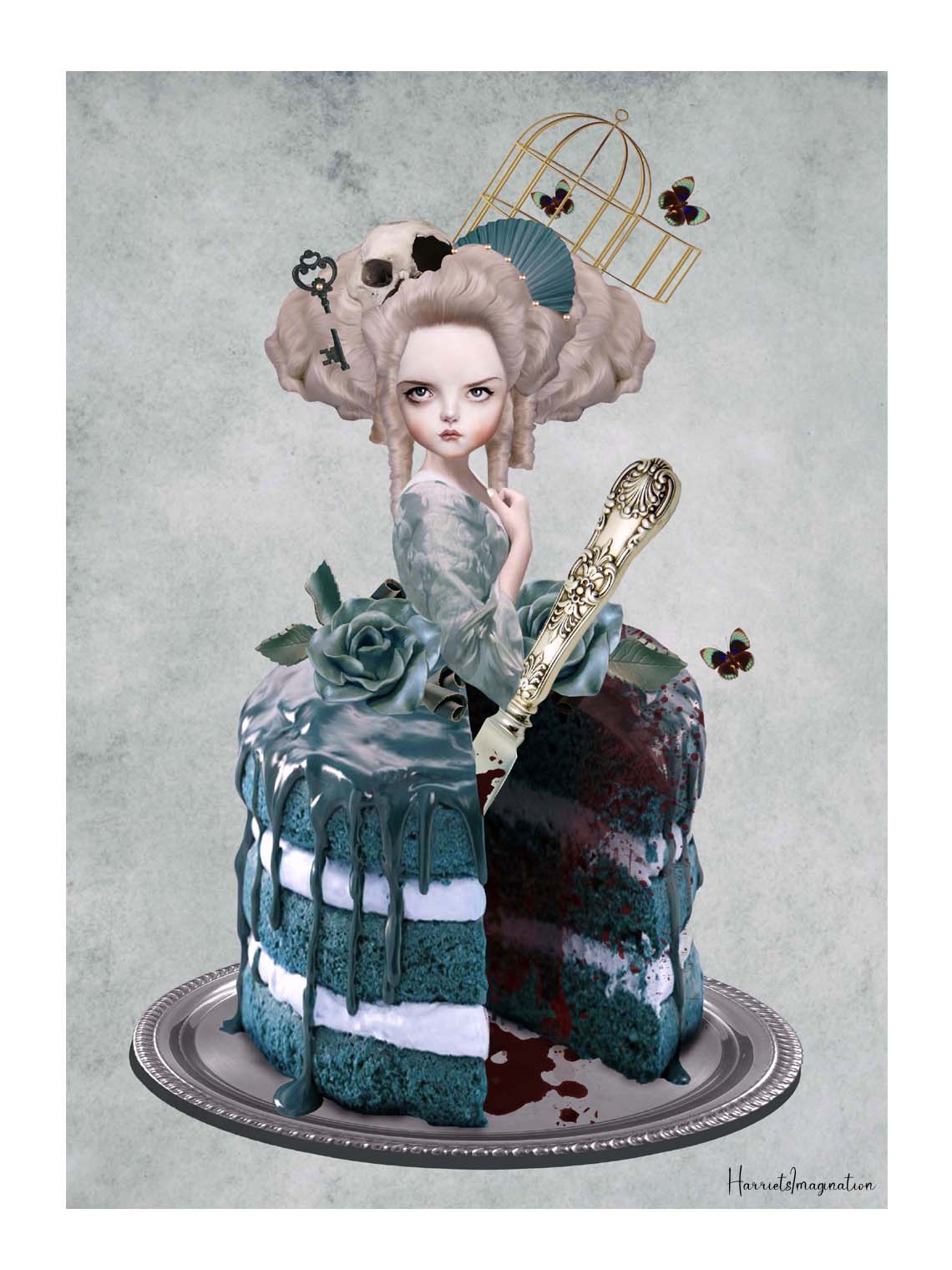 Quirky depiction of a Marie Antoinette part cake and decorative elements on a textured background.