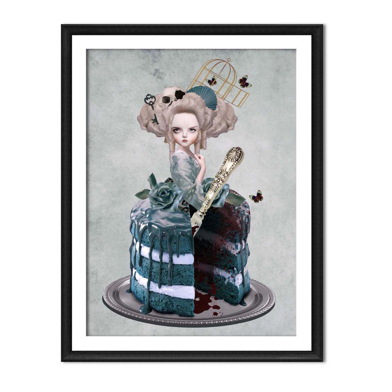 Framed artwork of a Marie Antoinette with a cake and decorative elements on a textured background.