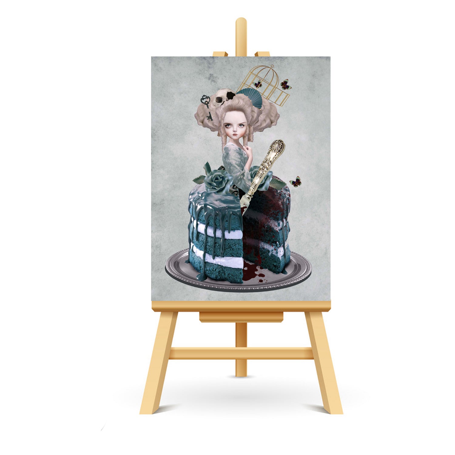 ACEO artist trading card. Featuring the iconic Marie Antoinette, but with a quirky twist - her lower half is a cake with a bloody missing slice.