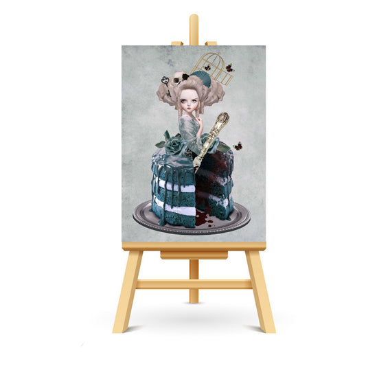 ACEO artist trading card. Featuring the iconic Marie Antoinette, but with a quirky twist - her lower half is a cake with a bloody missing slice.