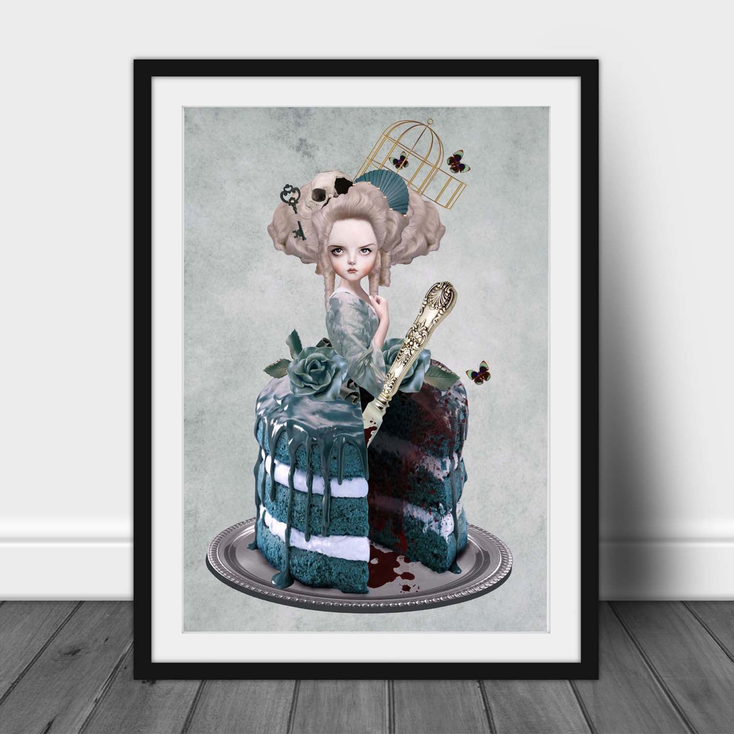 Framed artwork of a quirky Marie Antoinette cake with a birdcage and roses, on a light gray background.