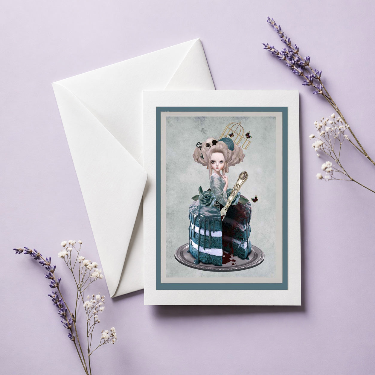 Greeting card featuring Marie Antoinette cake on a purple background with an envelope and flowers.