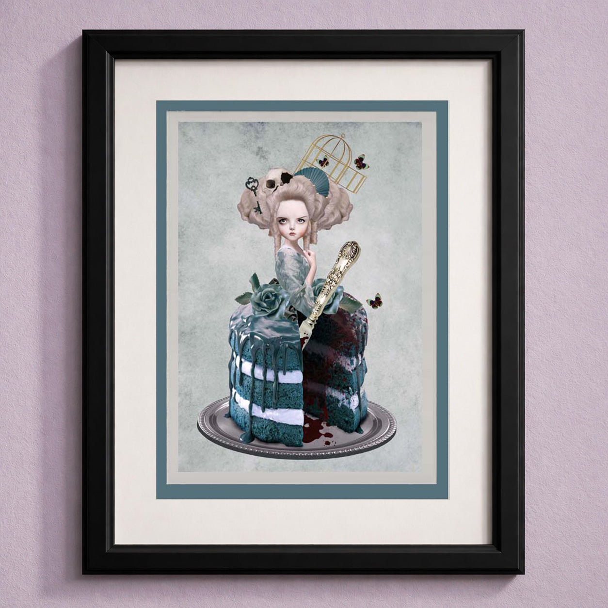 Framed rococo art greeting card of Marie Antoinette cake, set against a light purple wall.