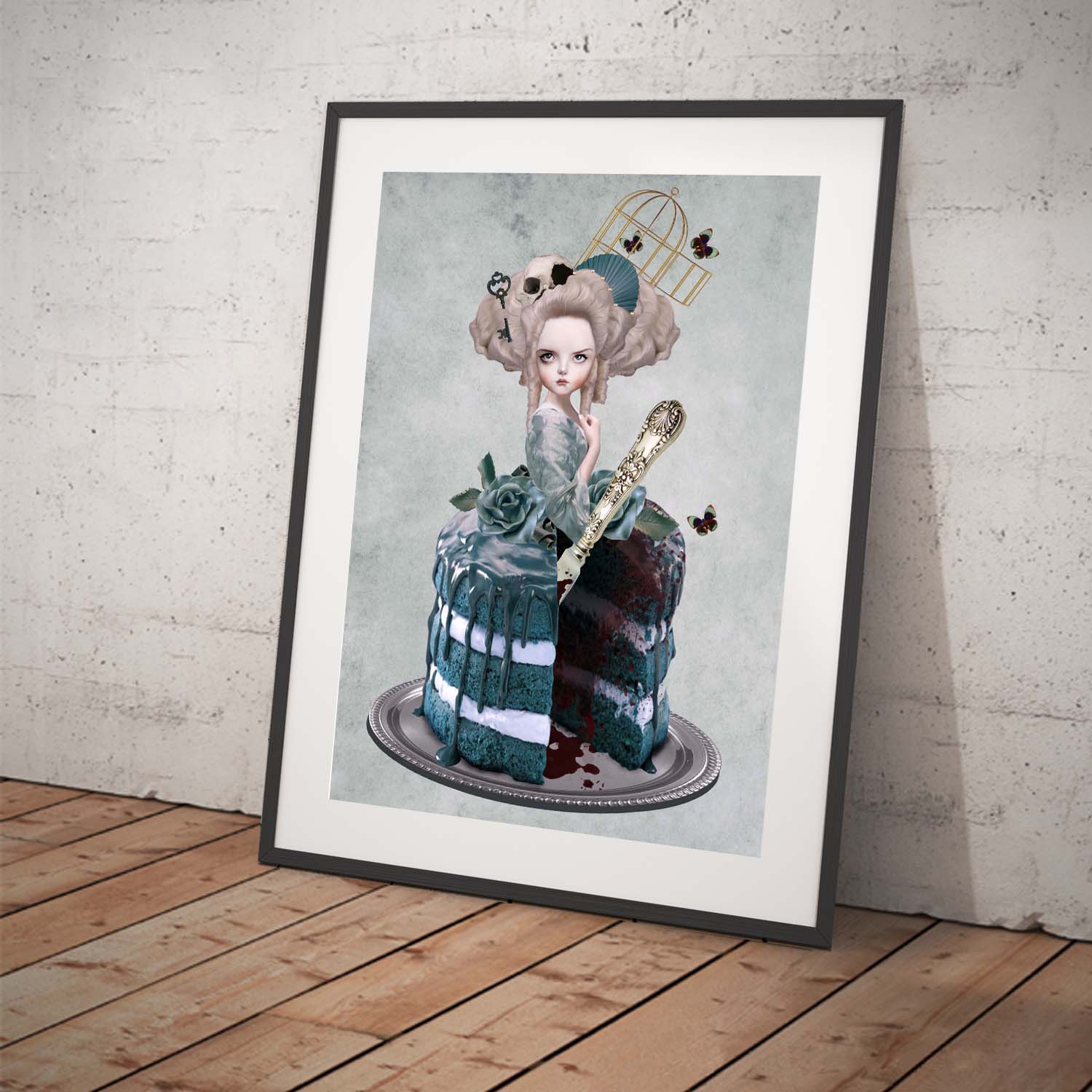Baroque framed art print! Featuring Marie Antoinette with a sweet surprise, her lower half transformed into a delectable cake with a missing slice