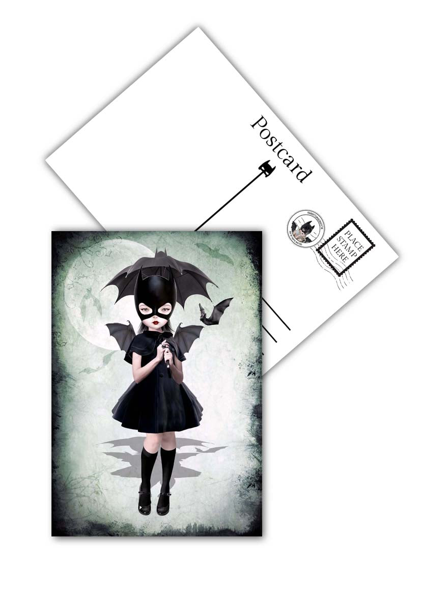 Masked Girl and bats postcard showing front whimsical gothic design and matte back for writing messages