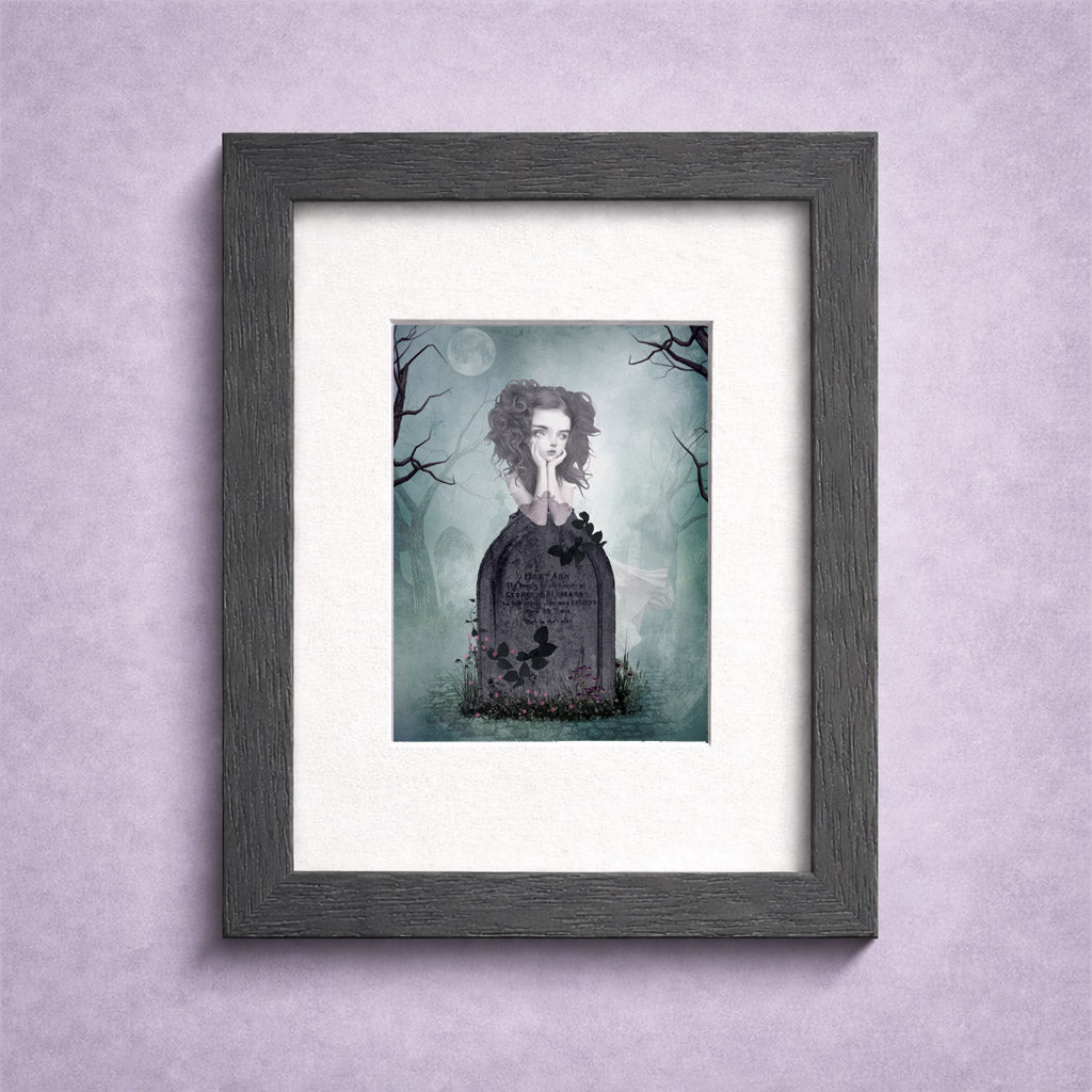 Framed ACEO artwork of a ghost girl at her tombstone on a purple wall.