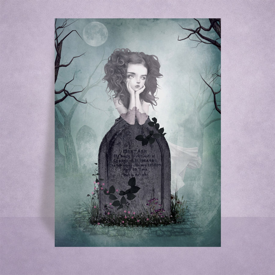 Artistic depiction of a ghost girl by her tombstone with a moonlit background