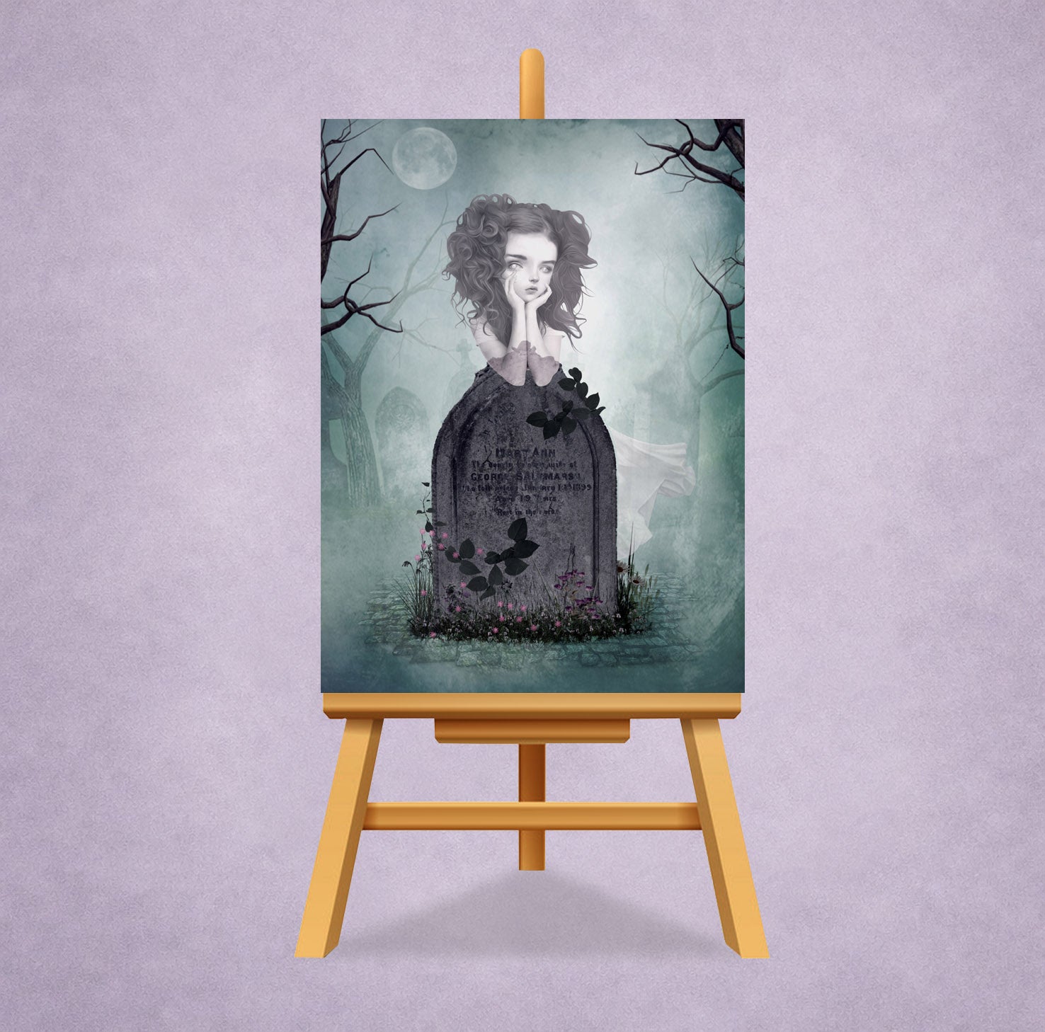 Gothic-themed ACEO of a ghost girl by her tombstone on an easel against a light purple background